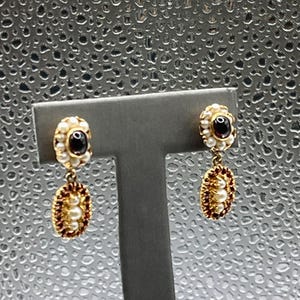Ladies Antique 14 Karat Solid Yellow Gold Cabochon Garnet and Pearl Earrings | Real Pearls | Garnet Gemstone Jewelry | Date Night Earrings