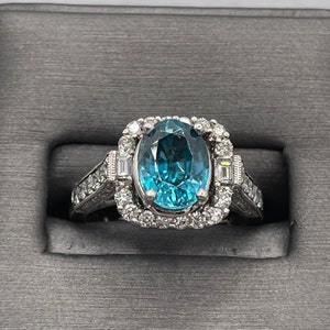 14 Karat White Gold 2 Carat Oval Blue Topaz With Baguettes & Round Diamonds Ring | Statement Ring | One of a Kind Jewelry | Blue Gemstone