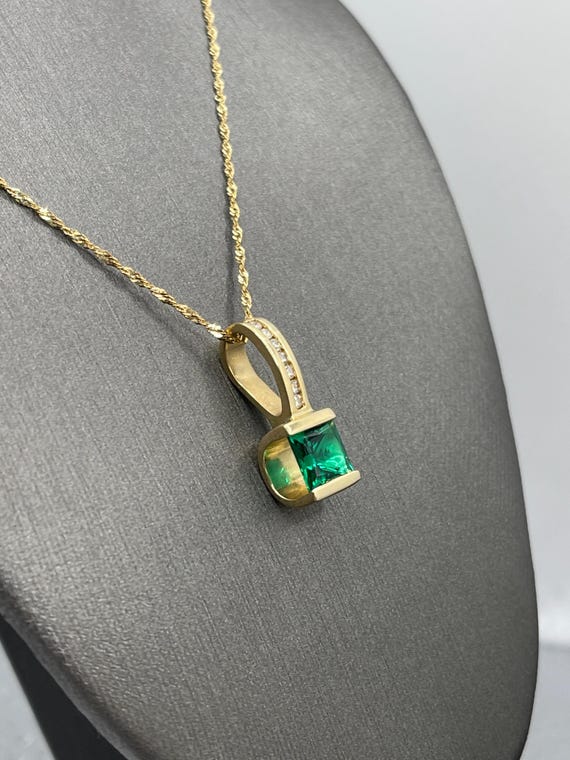 Princess Cut Emerald & Diamond Necklace View 5