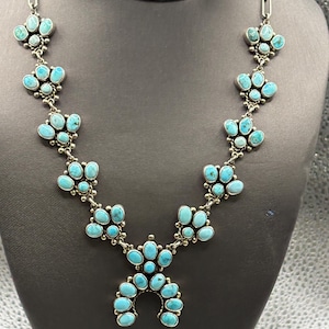 JTF Navajo Sterling Silver Blue Turquoise Squash Blossom Necklace | Light Blue Gemstone Jewelry | Statement Necklace | Women's Necklace