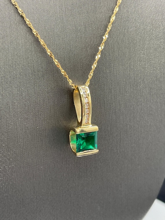 Princess Cut Emerald & Diamond Necklace View 2