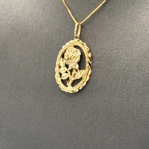 Ladies 14 Karat Yellow Gold Framed Rose Pendant | Gold Flower Charm | Beauty and the Beast Theme Charm | Gift for Florist | Gold Rose Charm