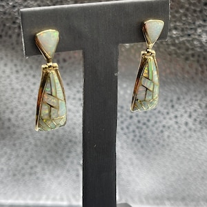 Ladies 14 Karat Solid Yellow Gold Opal Dangling Earrings