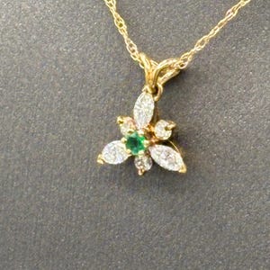 Ladies Beautiful 14 Karat Yellow Gold Diamond and Emerald Pendant and Chain | Women&#39;s Necklace | Unique Pendant | Anniversary Gift | Gift