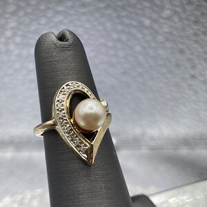 Ladies 14 Karat Solid Yellow Gold Pearl and Diamond Ring | Women&#39;s Statement Ring | Formal Wear Jewelry | Night Out Ring | Anniversary Gift