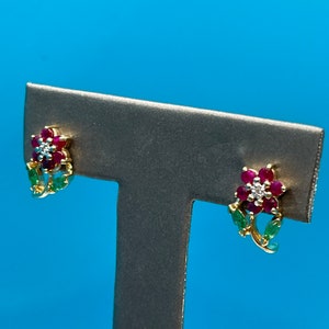 Ladies 14 Karat Gold Ruby Diamond & Emerald Floral Earrings | Emerald Gemstone Jewelry | Ruby Gemstone Jewelry | Floral Design | Flower Love