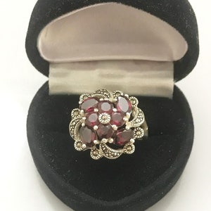 Sterling Silver .925 Garnet & Marcasite Ring Floral Design Gorgeous