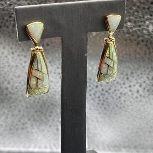 Ladies 14 Karat Solid Yellow Gold Opal Dangling Earrings | Opal Gemstone Jewelry | Women&#39;s Earrings | Statement Jewelry | Giftable Gold