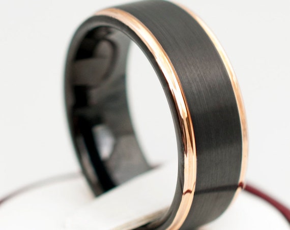 Black Tungsten Ring Rose Gold Thin Lines Men Women Classic Brush Design Wedding Band 8MM Sizes 5 to 15 Anniversary His Her Special Gift Idea