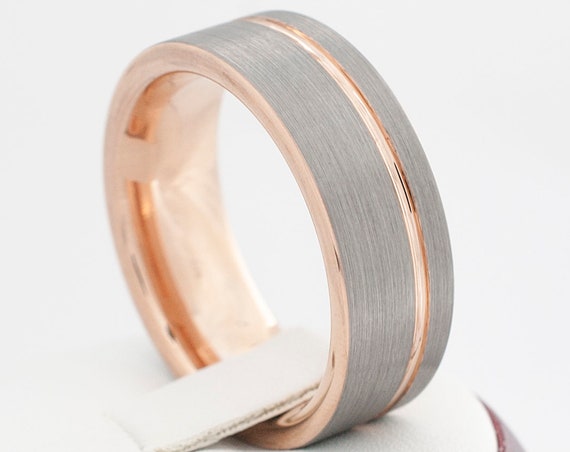 Rose Gold Tungsten Ring Grey Brushed Wedding Bridal Band 8MM Man Women Size 5 to 15 Great His Her Anniversary Engagement Male Gift Idea