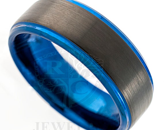 Blue Tungsten Carbide Ring Mens Black Wedding Band Brushed Anniversary Engagement 8MM Size 5 to 15 Special Gift Personal Engraving Available