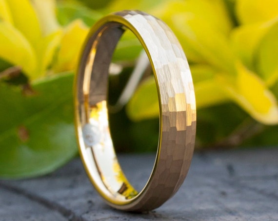 Gold Tungsten Ring Hammered Wedding Bridal Band 4MM Women Men Thin Classic Brush Size 4 to 14 Her His Marriage Anniversary Engagement Gift