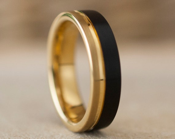6MM Gold Tungsten Ring Men Women Black Wedding Band Two Tone Brushed Design Male Wife Anniversary Engagement Marriage Gift Sizes 5 to 14