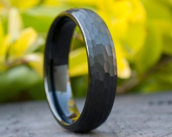 Black Hammered Wedding Ring Men Women Brushed 6MM Tungsten Band, Anniversary Gift