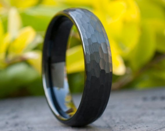 Black Tungsten Hammered Ring Men Women Wedding Band 6MM Size 5 to 14 Husband Wife Classic Brushed Anniversary Engagement Gift Engrave Opt