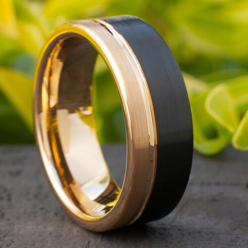 Gold Tungsten Ring Mens Black Wedding Band Two Tone Brushed - Etsy