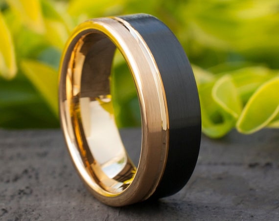 Gold Tungsten Ring Mens Black Wedding Band Two Tone Brushed Design Anniversary Male 8MM Ring Sizes 5 to 14 Women Marriage Gift Free Shipping