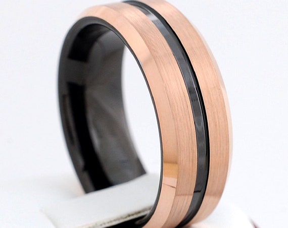 Men Black Tungsten Ring Rose Gold Wedding Band Brush Design 8MM Size 5 to 15 Comfort Fit Anniversary Engagement Love Gift Male Promise Ring