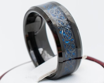 Black Tungsten Ring With Dark Blue Celtic Dragon Design Wedding Band Men Women 8MM Sizes 5 to 15 His or Her Anniversary Valentines Gift Idea