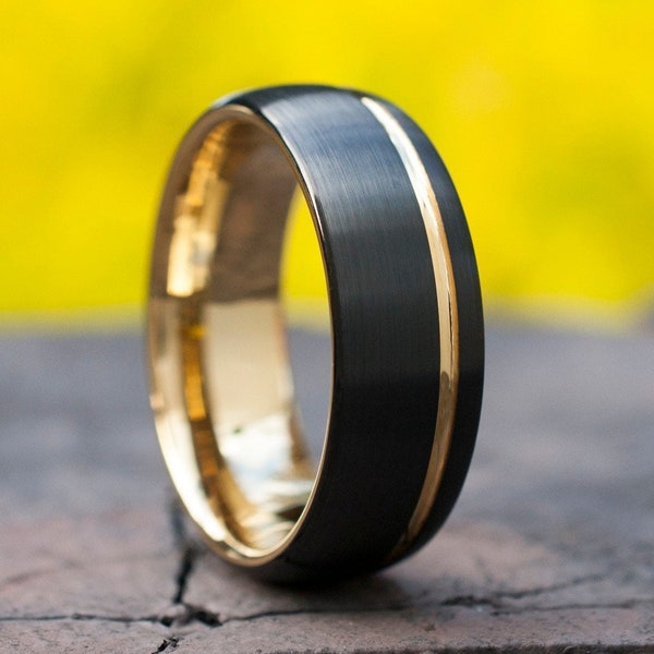 Yellow Gold Tungsten Ring Mens Wedding Band Black Matte Brushed Domed Design 8MM Size 5 to 15 Anniversary Engagement Husband Special Gift