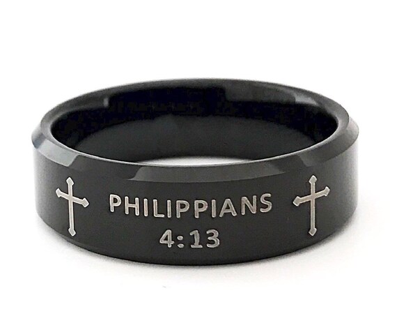 Bible Verse Ring Philippians 4 13 Religious Strength Phrase Black Tungsten Ring Men Women 8MM Size 6 to 14 Birthday Graduation Catholic Gift
