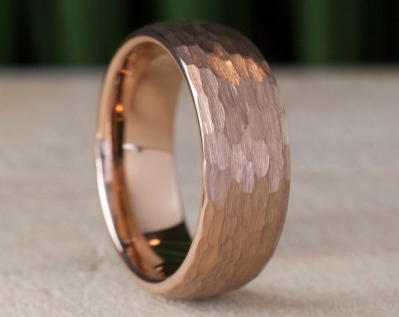 Hammered Tungsten Ring Rose Gold Men Wedding Band 8MM Brushed Pink Color Design Size 5 to 15 Male Anniversary Engagement Special Gift Idea
