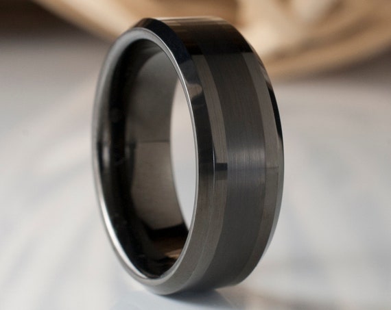 Men Tungsten Ring Gunmetal Black Color Wedding Band Male 8MM Size 5 to 15 Beveled Brushed Design Great His Anniversary Engagement Gift Idea