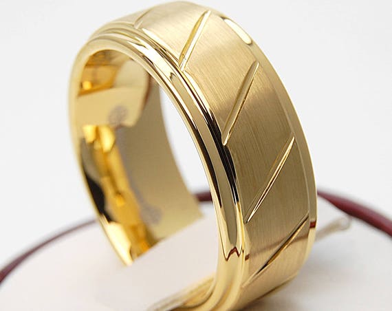 Gold Tungsten Ring Men Wedding Band Line Groove Brush Male Style Design Jewelry 8MM Size 6 to 14 His Anniversary Special Husband Gift Idea