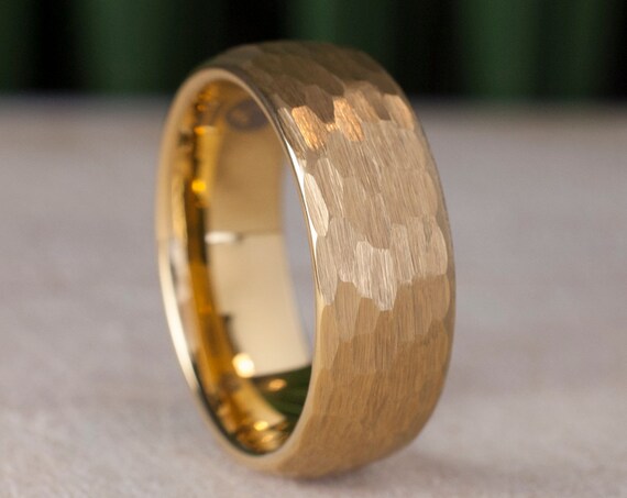Gold Hammered Tungsten Carbide Ring Men 8MM Wedding Band Yellow Classic Elegant Brushed Male Design Size 5 to 15 His Anniversary Gift Idea