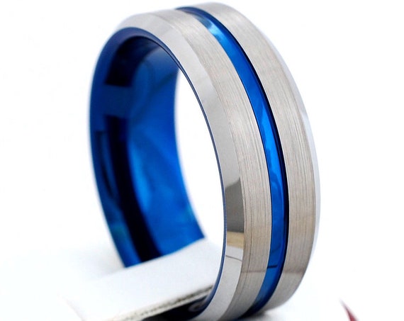 Blue Tungsten Ring Men Wedding Band Grey Brushed Comfort Fit 8MM Sizes 5-15 Personal Engraving Services Husband Anniversary His Special Gift