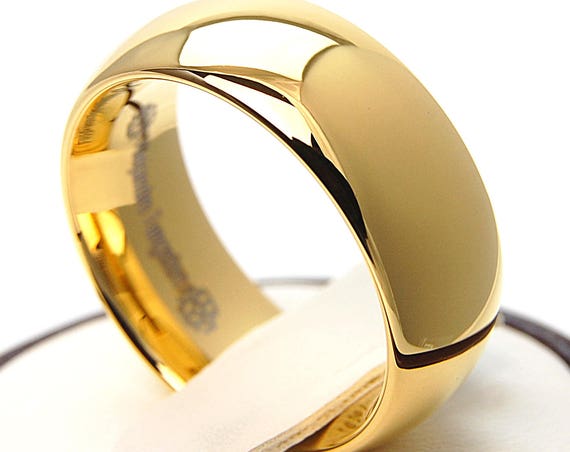 Gold Tungsten Ring Men Women Wedding Bridal Band 8MM Classic Elegant Polish Design Size 5 to 15 His or Her Anniversary Engagement Love Gift
