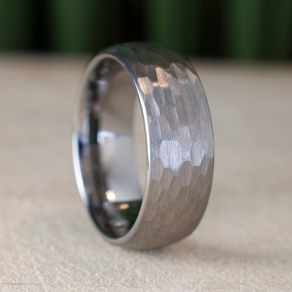 Men’s Hammered Tungsten Ring, 8MM Gray Brushed Wedding Band