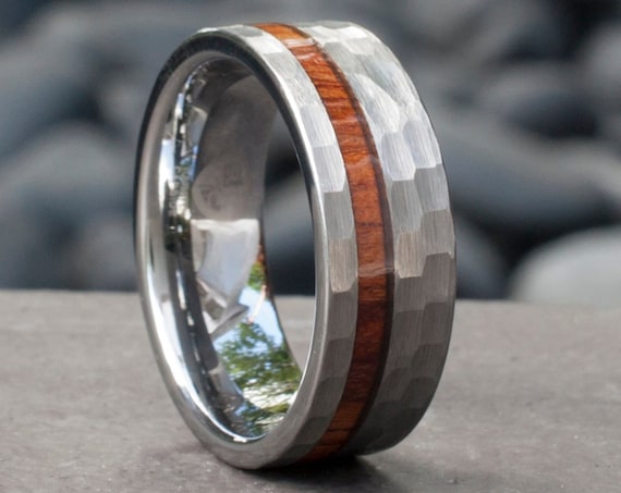 Hammered Grey Tungsten Ring Wood Inlay Male Wedding Band Mens 8MM Comfort Fit Design Size 4 to 15 His Anniversary Gift Personalized Services