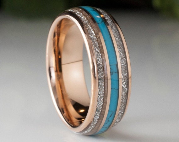 Rose Gold Tungsten Ring Meteorite Turquoise Triple Inlay Handcraft Wedding Band Men Women 8MM Size 5 to 15 His Her Anniversary Engagement