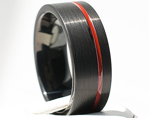 Black Tungsten Ring Red Line Men Wedding Band Brushed Satin Design Male Anniversary Comfort Fit Ring 8MM Size 5 to 15 Husband Wife Love Gift