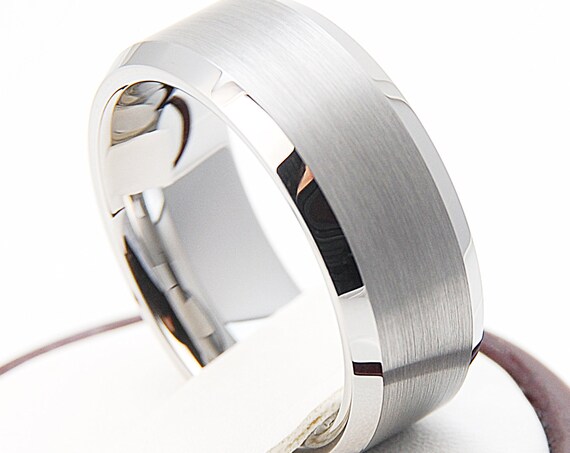 Men Tungsten Ring Grey Wedding Classic Band His 8MM Strong Brush Polished Design Size 6-14 Men Anniversary Gift Personal Engraving Available