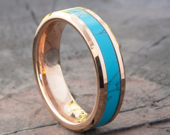 Turquoise Rose Gold Tungsten Ring Women Men Wedding Band 6mm Beveled Edges Comfort Fit Size 4 to 14 His Her Anniversary Engagement Ring