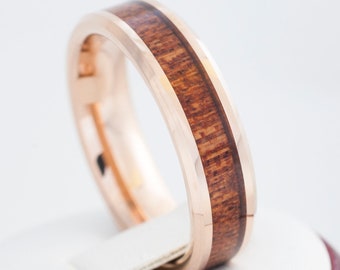 Tungsten Wood Ring Rose Gold Men Women Wedding Band 6MM Size 4 to 14 Great Anniversary His Her Elegant Hawaiian Koa Wood Inlay Engraving Opt