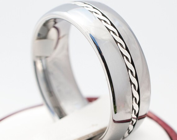 Mens Tungsten Carbide Ring Sterling Silver Rope Inlay Shiny Grey Wedding Band 8mm Size 6 to 14 Husband Wife Anniversary His Promise Gift