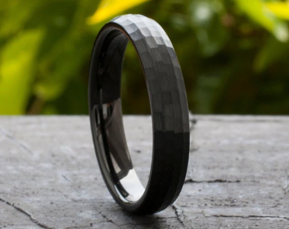 Hammered Black Tungsten Ring 4MM Wedding Band Women Men Thin Domed Brushed Size 4 to 14 His Her Anniversary Engagement Gift Engraving Opt