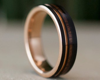 Wood Black Rose Gold Tungsten Ring 6MM Women Men Wedding Band Groove Design Size 4 - 14 His Her Anniversary Engagement Gift Personalized Opt