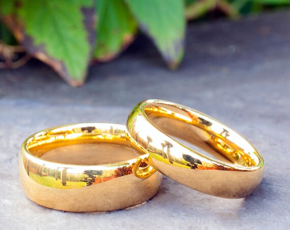 Gold Tungsten Ring Men Women Classic Wedding Band High Polished Design His or Her 8MM 6MM Size 4 to 15 Great Set Or Single Anniversary Ring