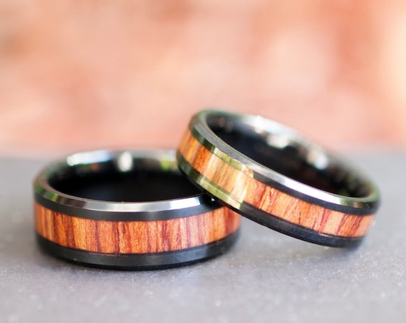 Wood Black Tungsten Ring Men Women Wedding Anniversary Band Set Or Single Ring 8MM 6MM Size 5 to 15 His Her Duo Promise Engagement Ring Gift