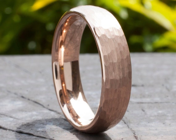 Hammered Tungsten Ring Rose Gold Men Woman Wedding Band 6MM Classic Brushed Design Size 4 to 14 His Her Anniversary Engagement Special Gift