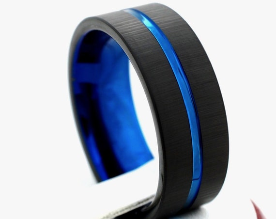 Male Tungsten Ring Blue Wedding Band Black Brushed Men Anniversary Holiday Gift Husband 8MM Size 5 to 15 Engagement Promise Fiance Circle