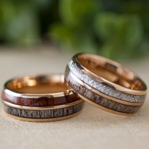 Wood Meteorite Deer Antler Wedding Bands Rose Gold Tungsten Ring Men ...