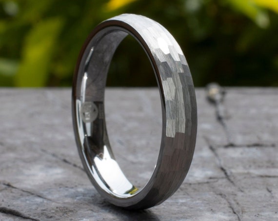4MM Hammered Tungsten Ring Grey Wedding Bridal Band Women Men Thin Classic Domed Brushed Size 4 to 14 His Her Anniversary Engagement Gift