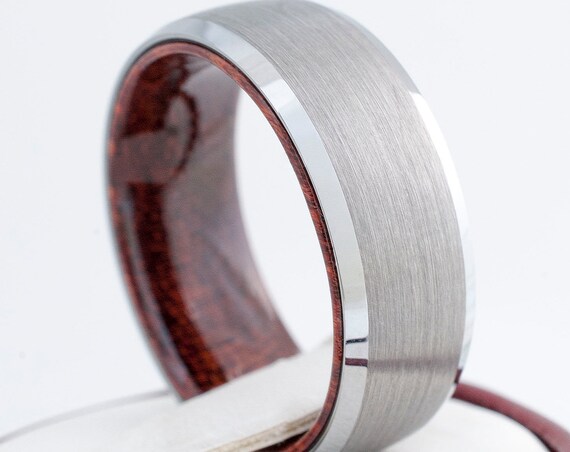 Wood Sleeve Tungsten Ring Grey Wedding Band Brushed Design Men 8MM Comfort Fit Sizes 5 to 15 Perfect Husband Anniversary Male Love Gift