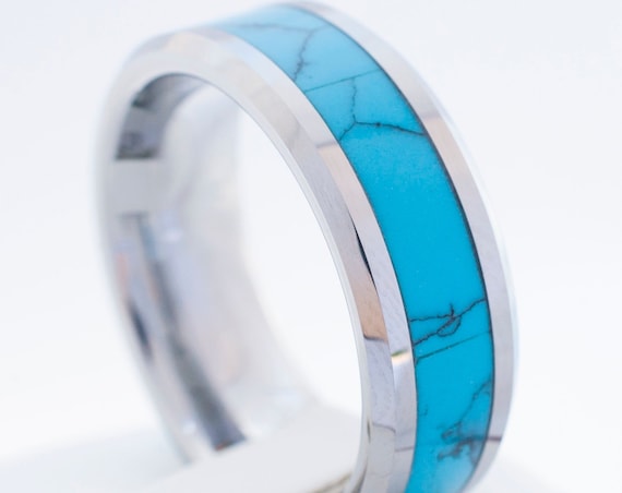 Turquoise Tungsten Carbide Ring Men Women Anniversary Wedding Band Gift 8mm Comfort Fit Size 5 to 15 Husband Wife Promise Engagement Ring
