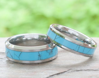 Tungsten Ring Turquoise Wedding Bands Men Women Anniversary Gift 8MM 6MM Size 4 to 15 Love His or Her Single Or Set Engagement Duo Love Ring